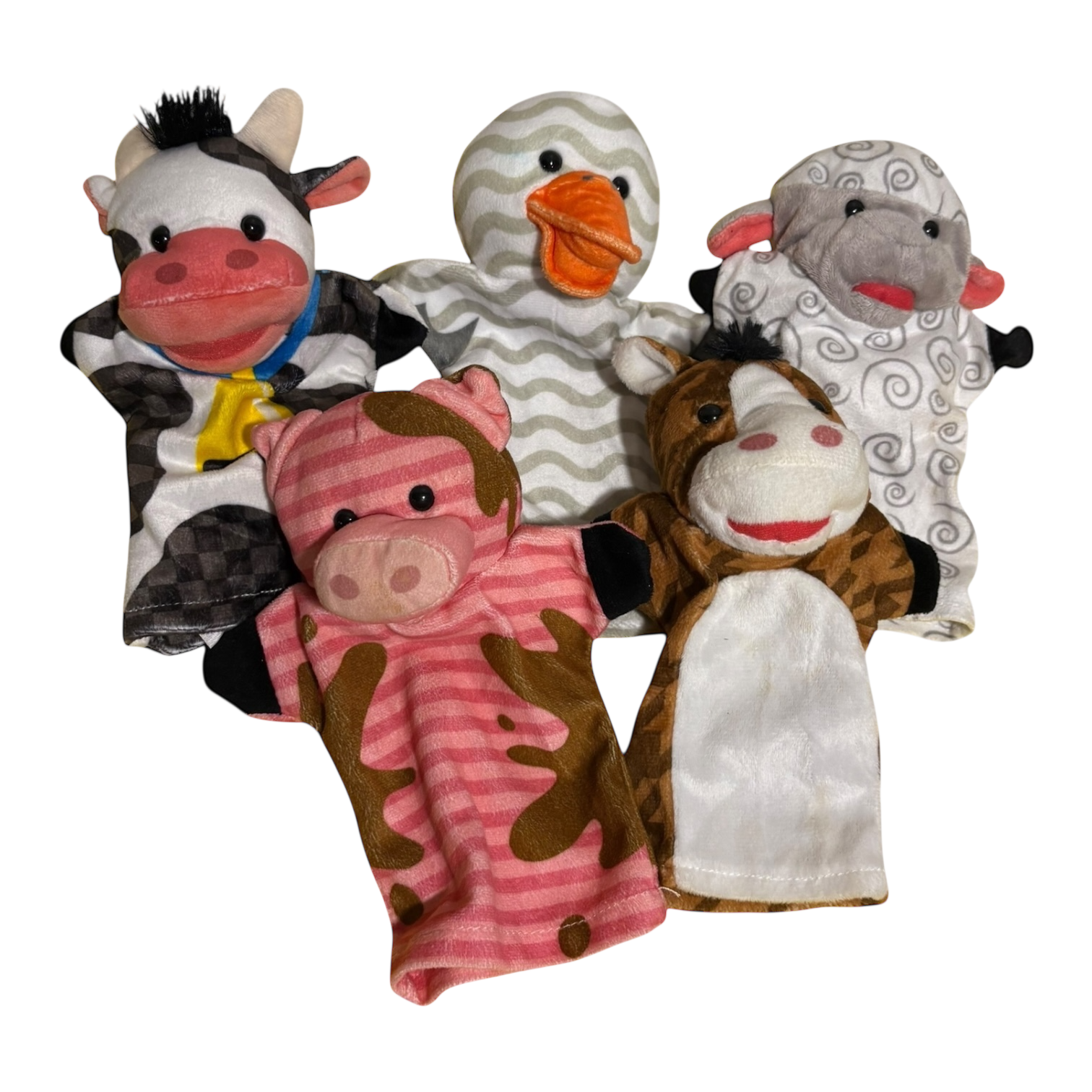 Set of six animal hand puppets including cow, duck, horse, pig, and sheep on a white background.